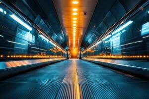 Empty futuristic tunnel with moving walkway and bright lights. photo