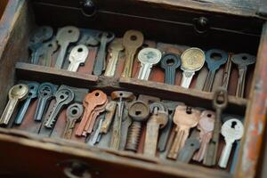 A wooden box filled with a collection of old keys. photo
