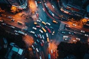 Aerial view of busy city intersection at night with traffic light trails. photo