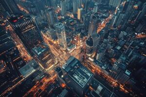 An aerial view of a city at night with tall buildings and bright lights. photo