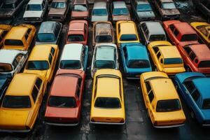 An aerial view of a junkyard with many colorful cars. photo