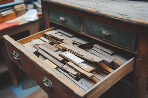 An old wooden drawer overflowing with various wooden pieces and a white label. photo