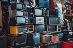 A stack of vintage televisions in various colors and styles. photo