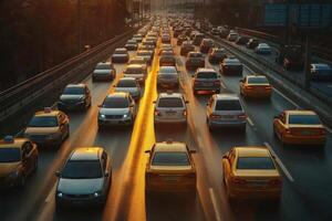 Cars in heavy traffic jam on a highway during sunset. photo
