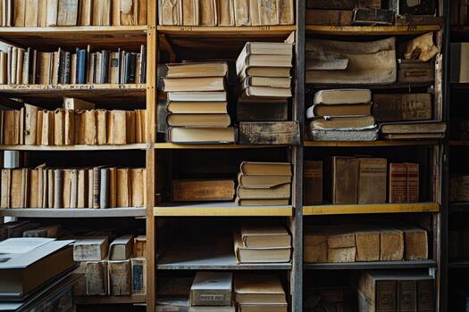 A bookshelf filled with antique books. photo