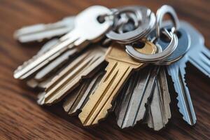 A bunch of keys on a wooden table. photo