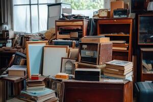A cluttered room filled with antique furniture, books, and frames. photo