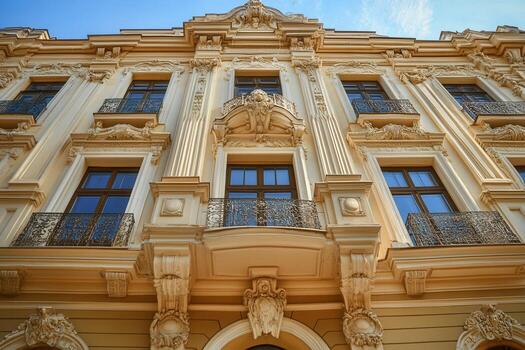 Low angle view of a beautiful yellow building with ornate details and balconies. photo