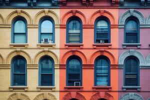 Colorful facade with arched windows on three buildings. photo