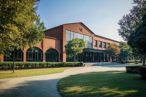 Modern brick building with large windows and a walkway leading to the entrance. photo