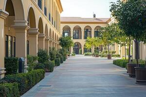 A paved walkway lined with arched buildings and greenery in a courtyard setting. photo