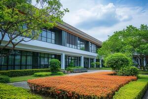 Modern building with landscaped garden. photo