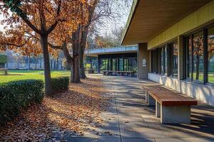 Autumn leaves on a paved walkway leading to a modern building with large windows and a wooden bench. photo