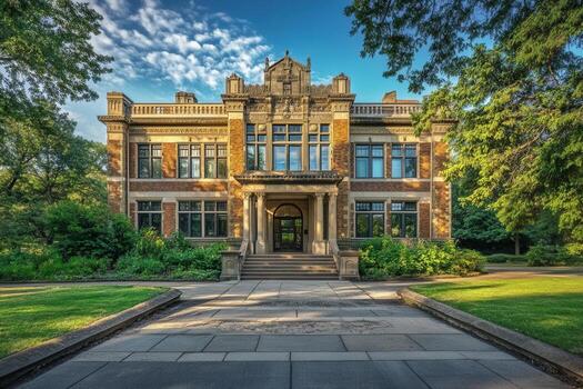 A grand stone building with a large front entrance and a manicured lawn. photo