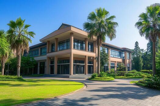 Modern building with palm trees and green lawn. photo