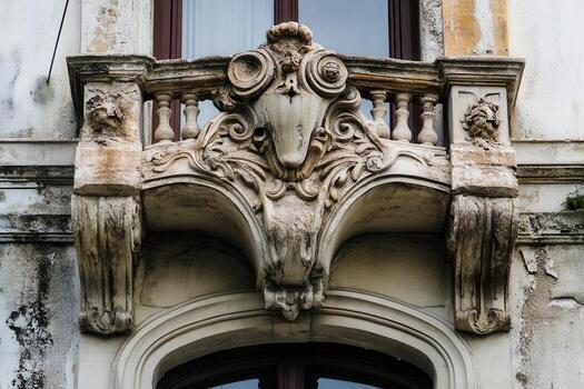 Ornate stone balcony with intricate carvings and details on a weathered building. photo
