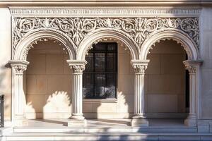 Ornate stone arches and columns on a building facade. photo