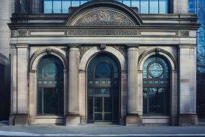 Ornate stone entrance to a modern building. photo