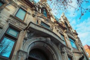 Ornate stone facade of a historic building with gargoyles and arches. photo
