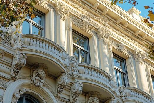 Ornate white facade of a building with balconies. photo