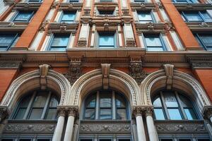 Low angle view of an ornate red brick building with arched windows. photo