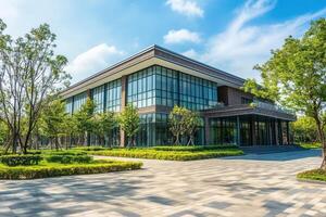 Modern brick building with large glass windows, surrounded by green landscaping. photo