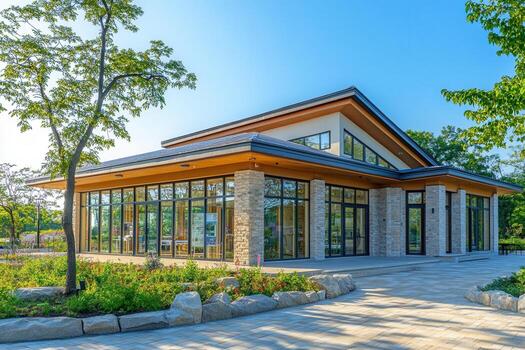 Modern building with stone exterior and large windows in a park setting. photo