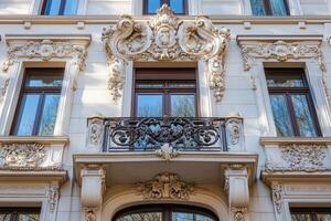 Ornate balcony with intricate carvings on a white building facade. photo