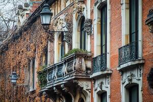 Ornate balcony with ivy-covered wall on a historic brick building. photo