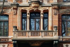 Ornate balcony with stone trim and windows on a brick building. photo