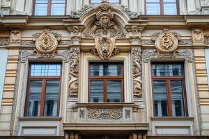 Ornate facade with three windows and intricate stone carvings. photo