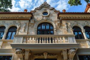 Ornate balcony with stone facade. photo