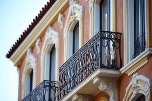 A close-up view of a balcony with ornate iron railings. photo