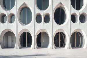 Modern concrete building with circular windows and doors. photo
