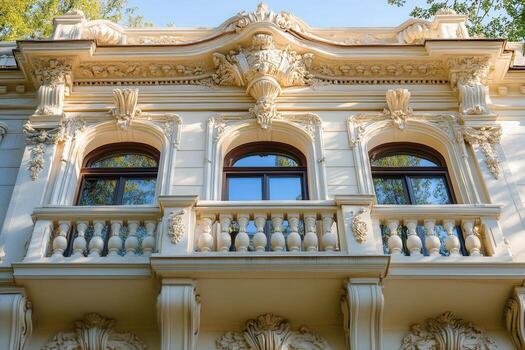 A close-up view of an ornate balcony and windows on a building with a white facade. photo