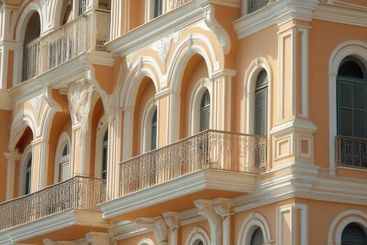 A close up of a peach-colored building with white trim, arches and balconies. photo