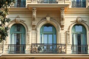 A close-up of three arched windows with balconies on a classic building facade. photo
