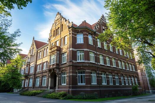 Historic brick building with arched windows and a gabled roof. photo