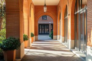 A brick walkway with arches leading to a courtyard. photo