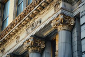 Closeup of ornate columns and cornice on a historic building. photo