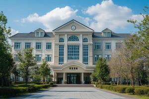 A large, white building with a clock tower and a grand entrance. The building is surrounded by green trees and a paved walkway. photo