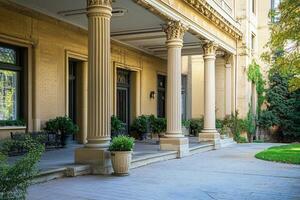 A yellow building with a portico and columns. photo