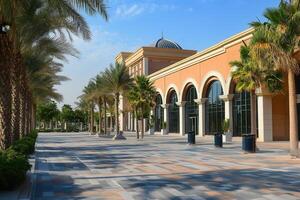 Modern architecture building with palm trees and clear blue sky. photo