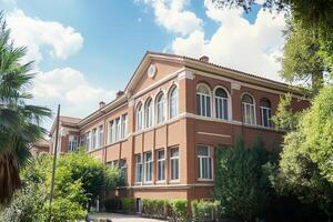 Brick building with arched windows and green trees. photo