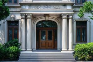 A grand entrance of an old building with stone columns and double doors. photo