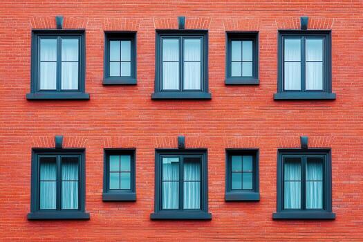 Brick wall with windows of different sizes. photo