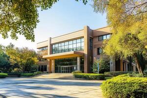 Modern building with large glass windows and a landscaped entrance. photo