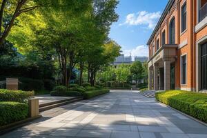 A tree-lined walkway leading to a brick building with a grand entrance. photo