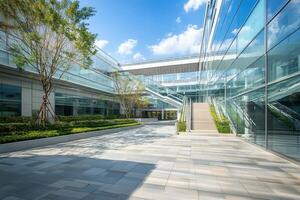 Modern office building courtyard with glass facade and landscaping. photo
