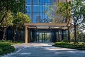 Modern office building entrance with glass facade and landscaped grounds. photo